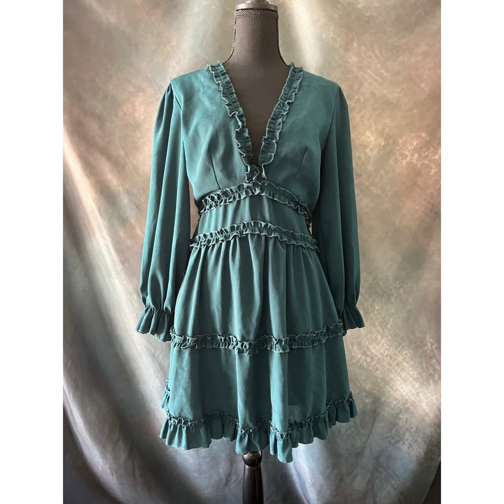 Ruffle Trim Mini Dress Cutout‎ Back Long Sleeve V Neck Party Green Medium